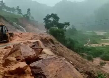 Road construction debris choke Myntdu river