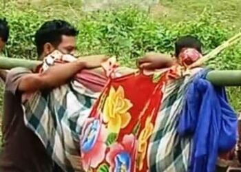 Pregnant woman shifted to hospital in bamboo stretcher