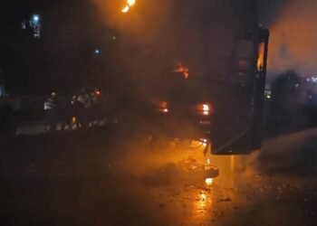 Motorcyclist dies, bus engulfed in inferno after head-on crash