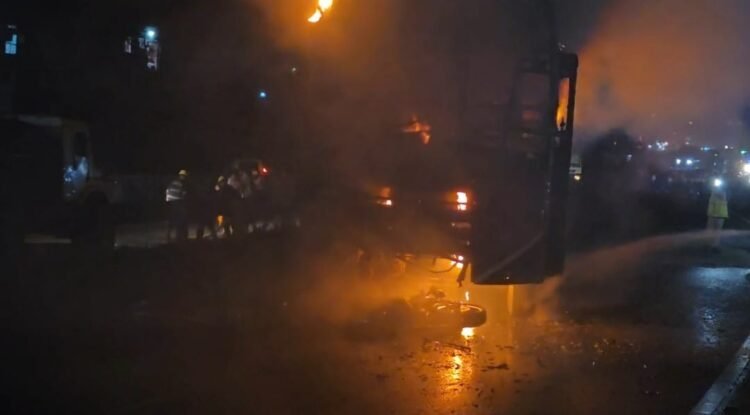 Motorcyclist dies, bus engulfed in inferno after head-on crash