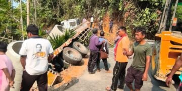 14-wheeler truck loaded with pipes crashes