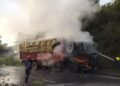 Truck carrying FCI rice gutted in fire at Umsning Bypass